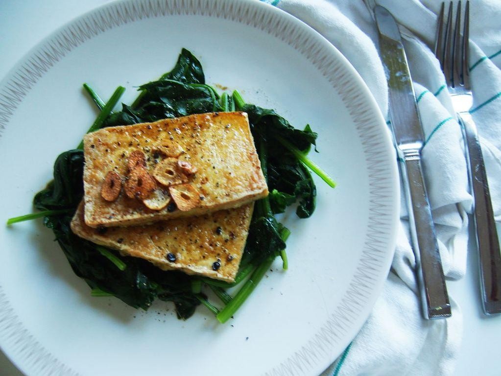 Seared Tofu Steaks with Garlic Spinach