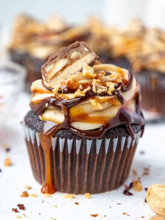 Snickers Cupcakes with Caramel Frosting