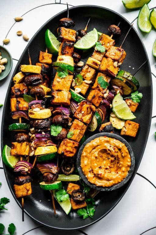 Tofu and Vegetable Skewers with Peanut Sauce