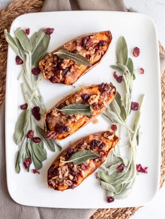 Twice Baked Sweet Potatoes with Cranberries and Pecans