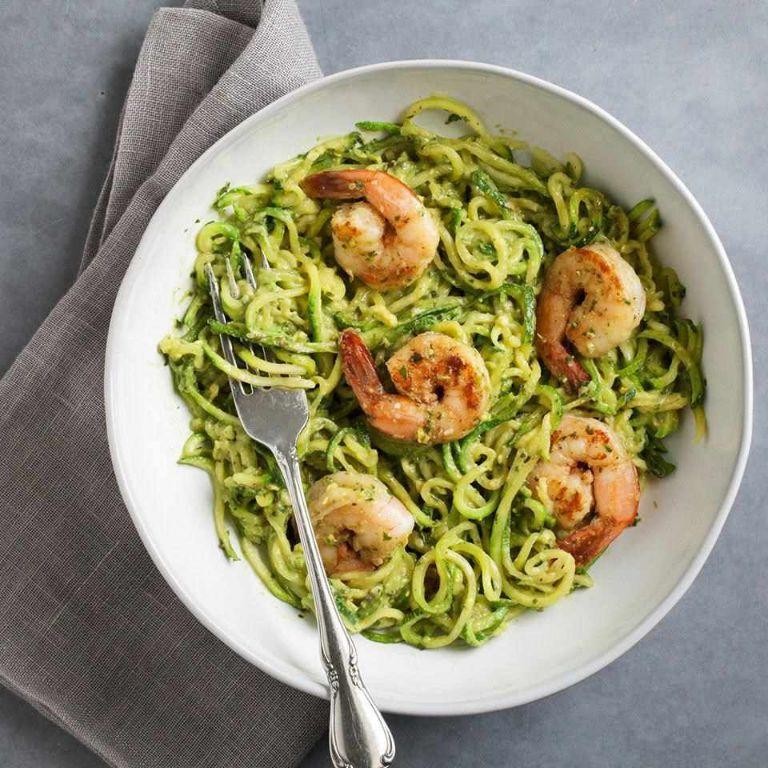 Zucchini Noodles with Pesto and Grilled Shrimp